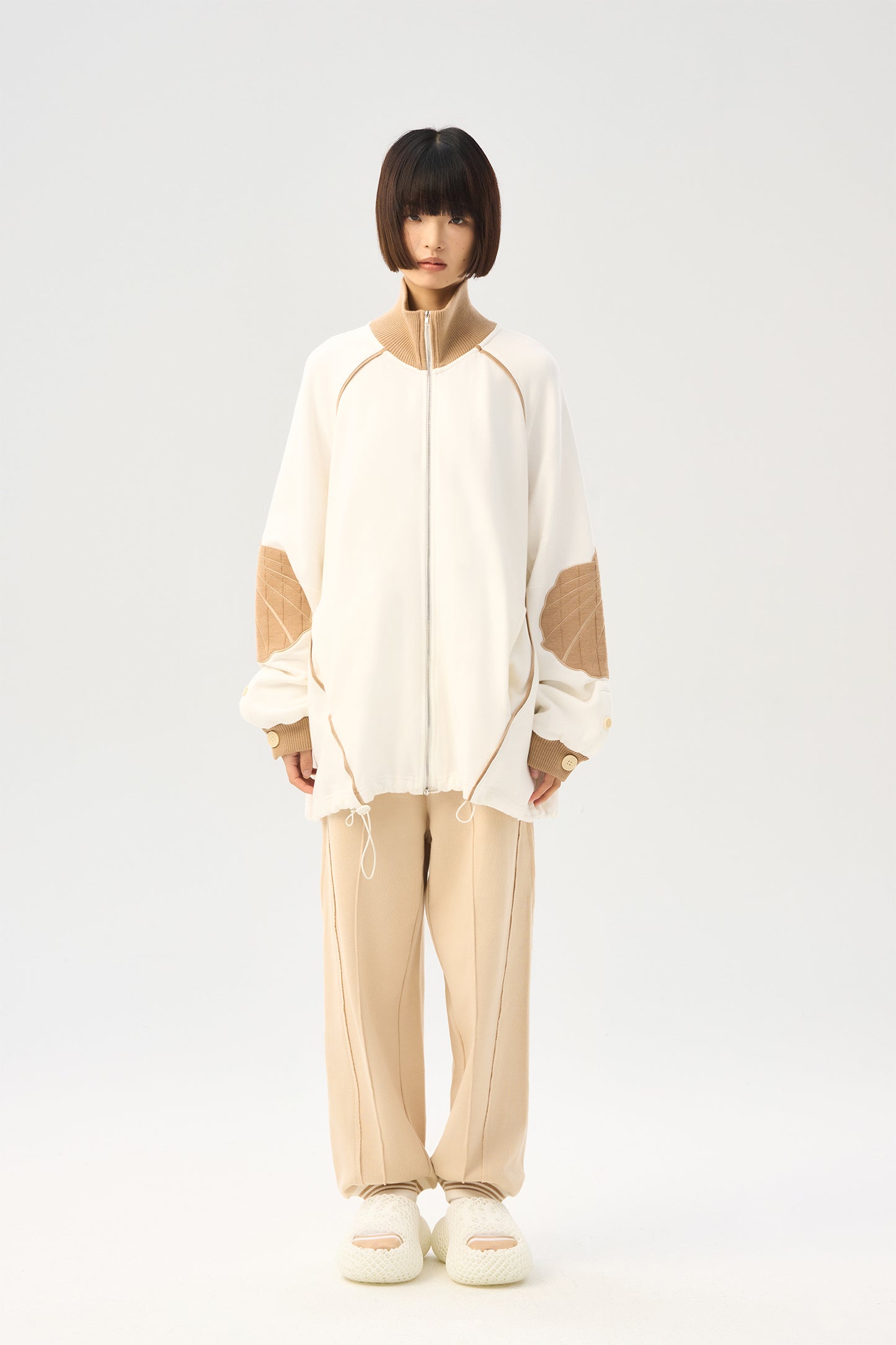 Shell embroidered wool hoodie patchwork cardigan