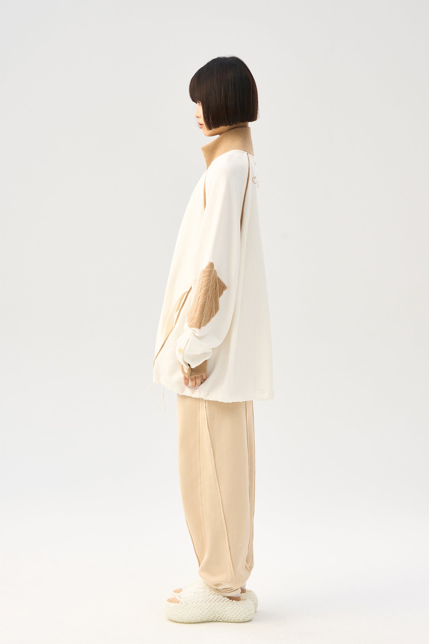 Shell embroidered wool hoodie patchwork cardigan