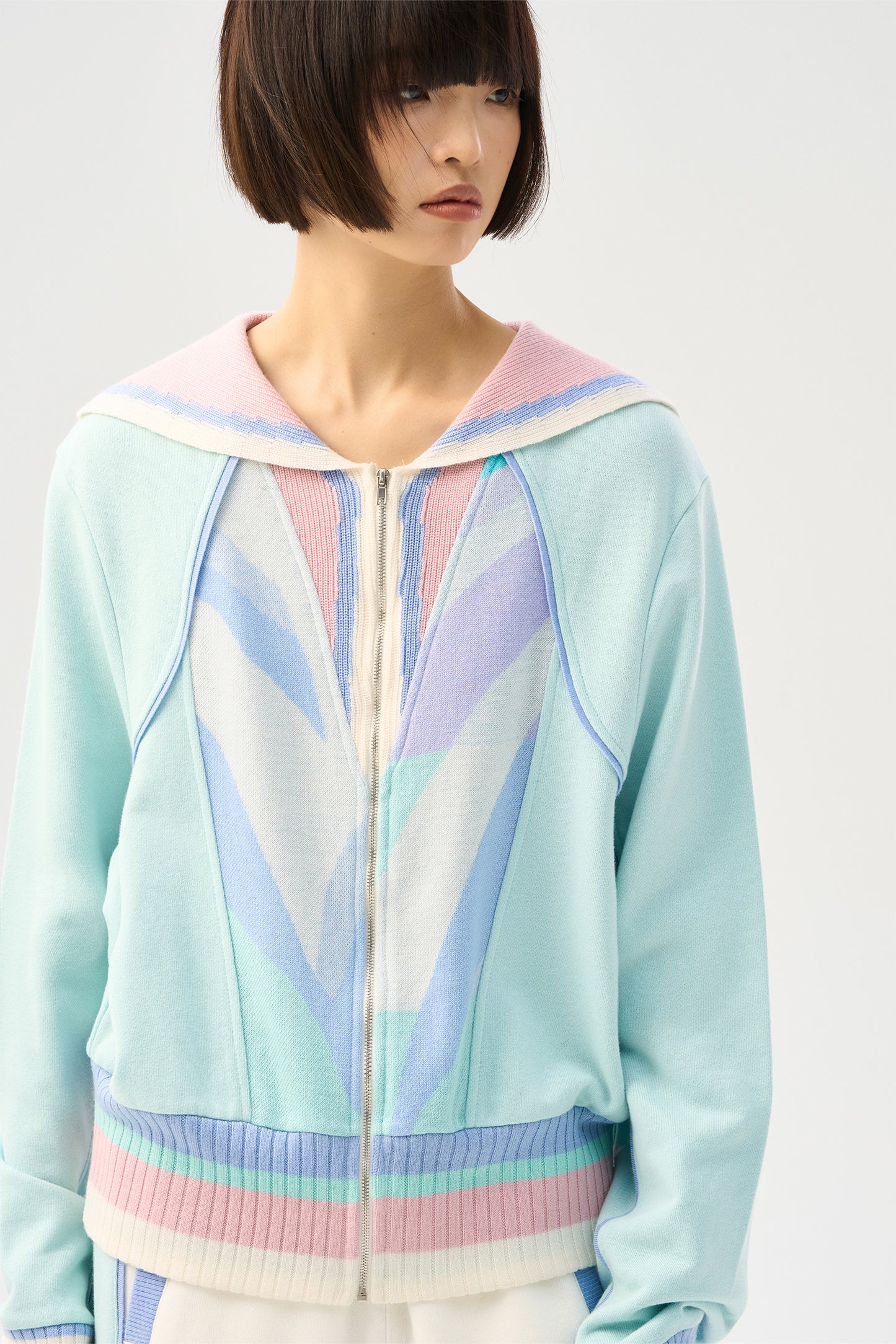 Colored wool patchwork hoodie cardigan