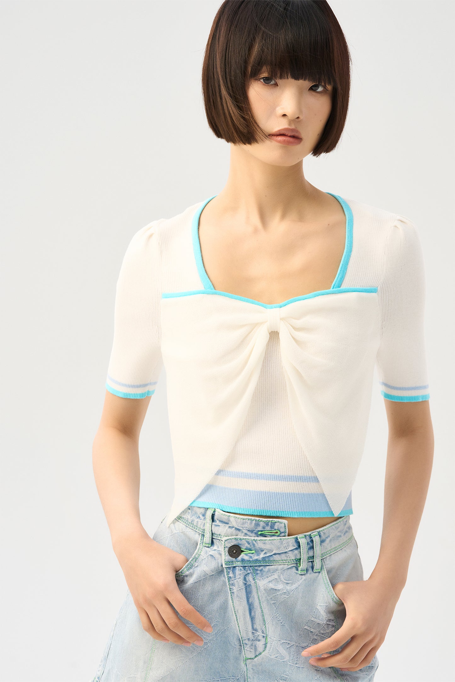 Bow Knot Edge Knitted Shirt
