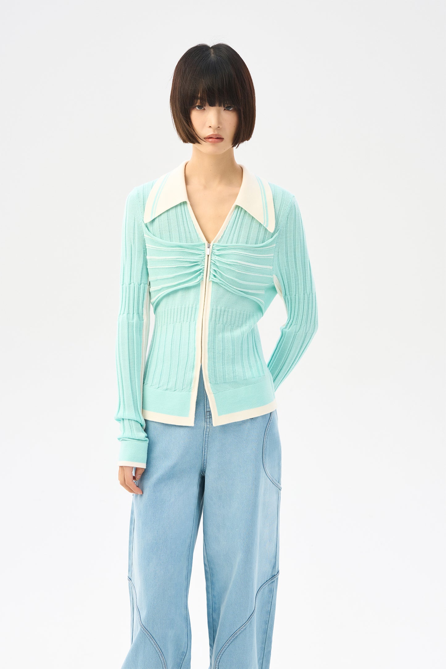 Color blocking polo collar wool cardigan