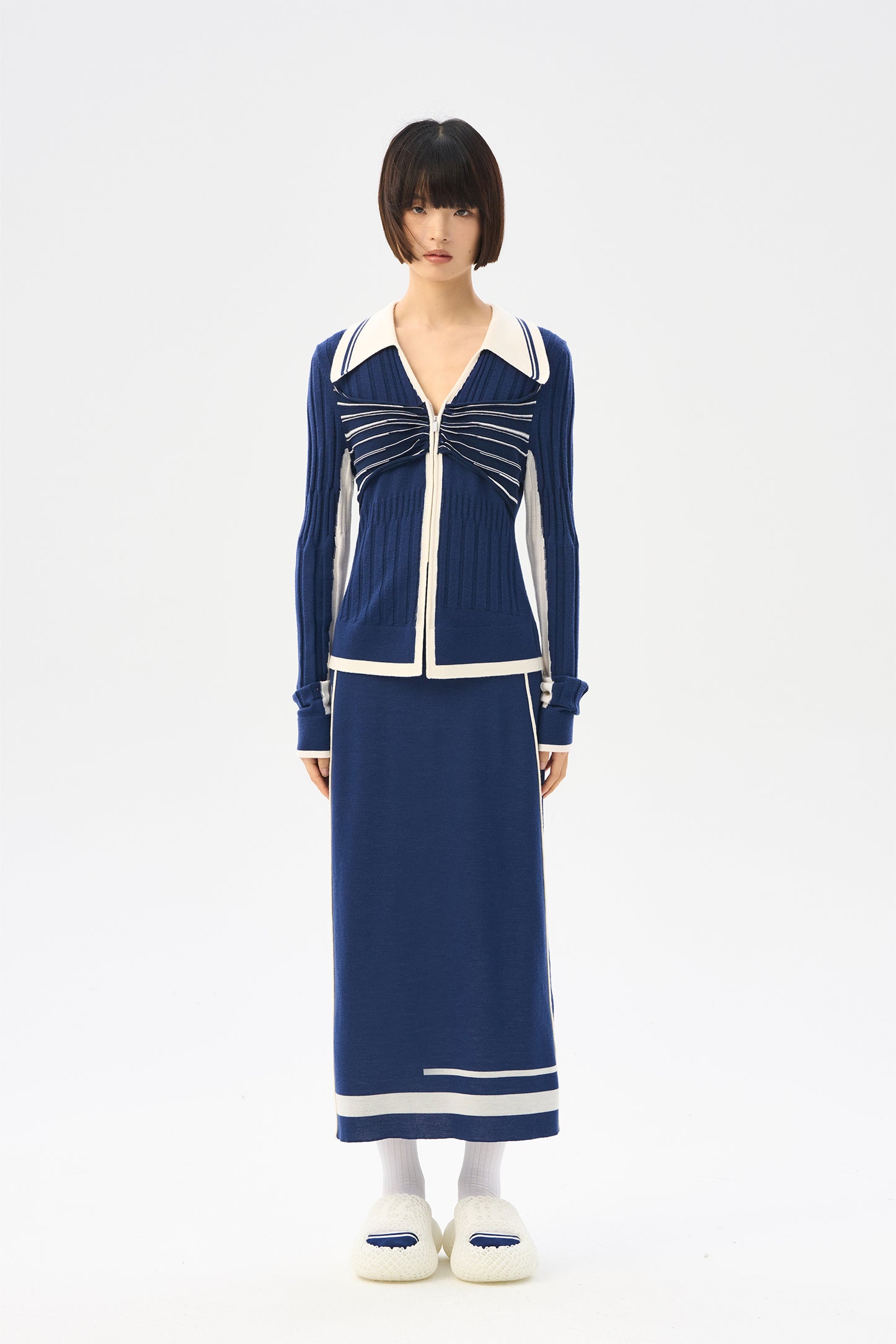 Color blocking polo collar wool cardigan
