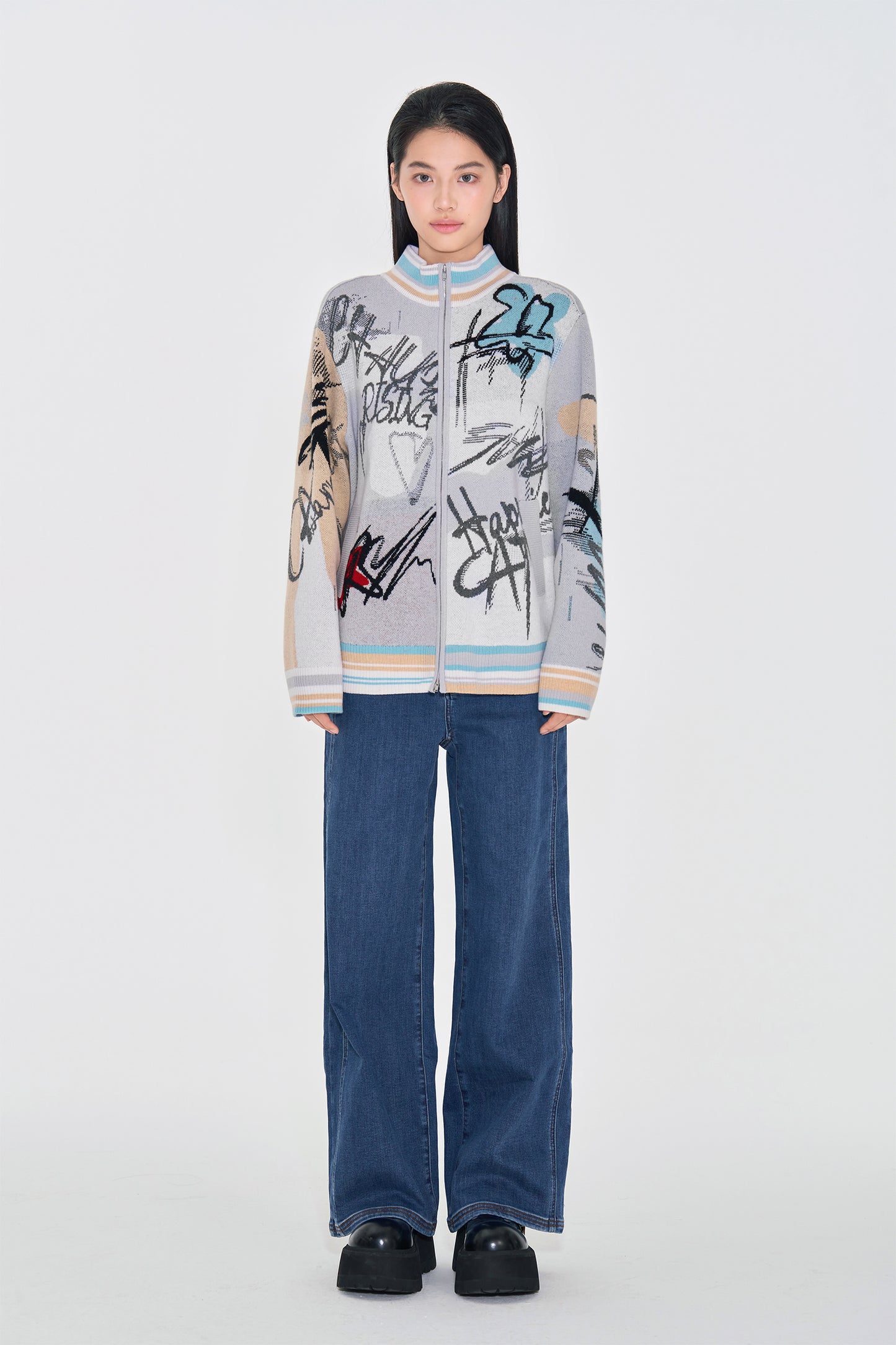 Vintage Graffiti Wool Double Zip up Cardigan