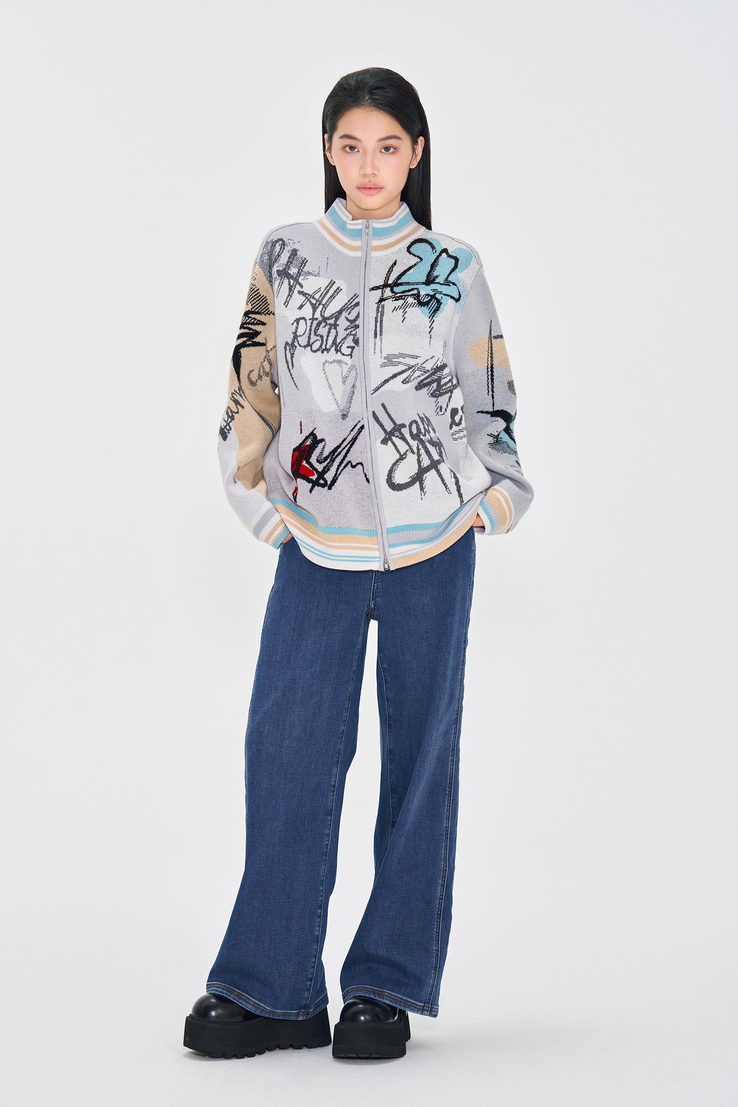 Vintage Graffiti Wool Double Zip up Cardigan