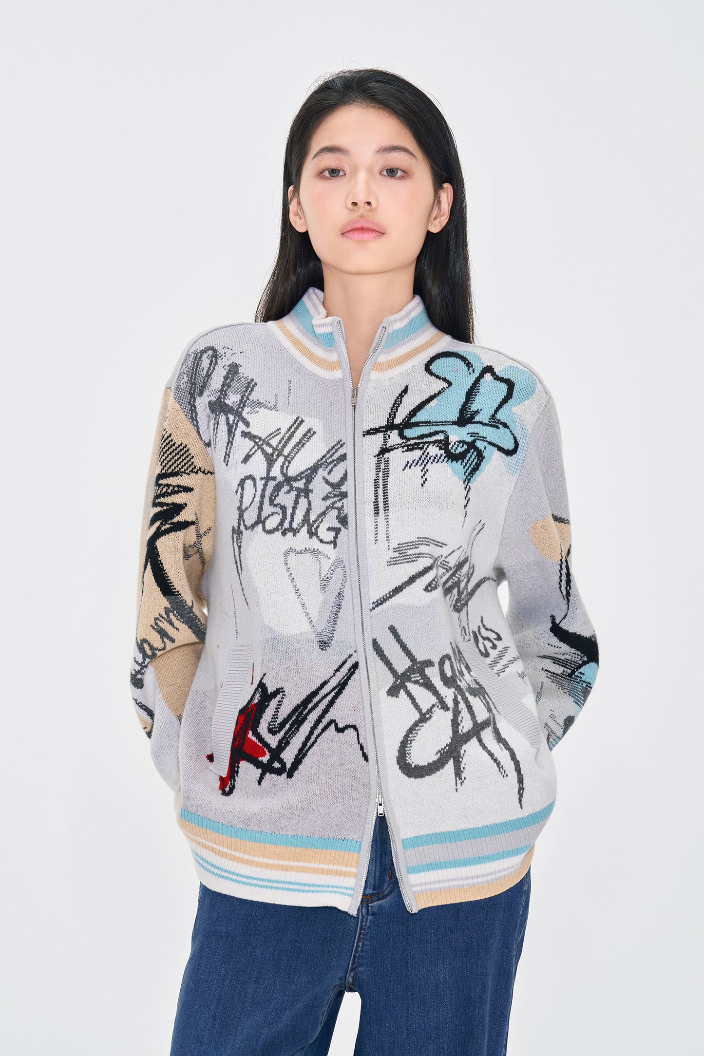 Vintage Graffiti Wool Double Zip up Cardigan