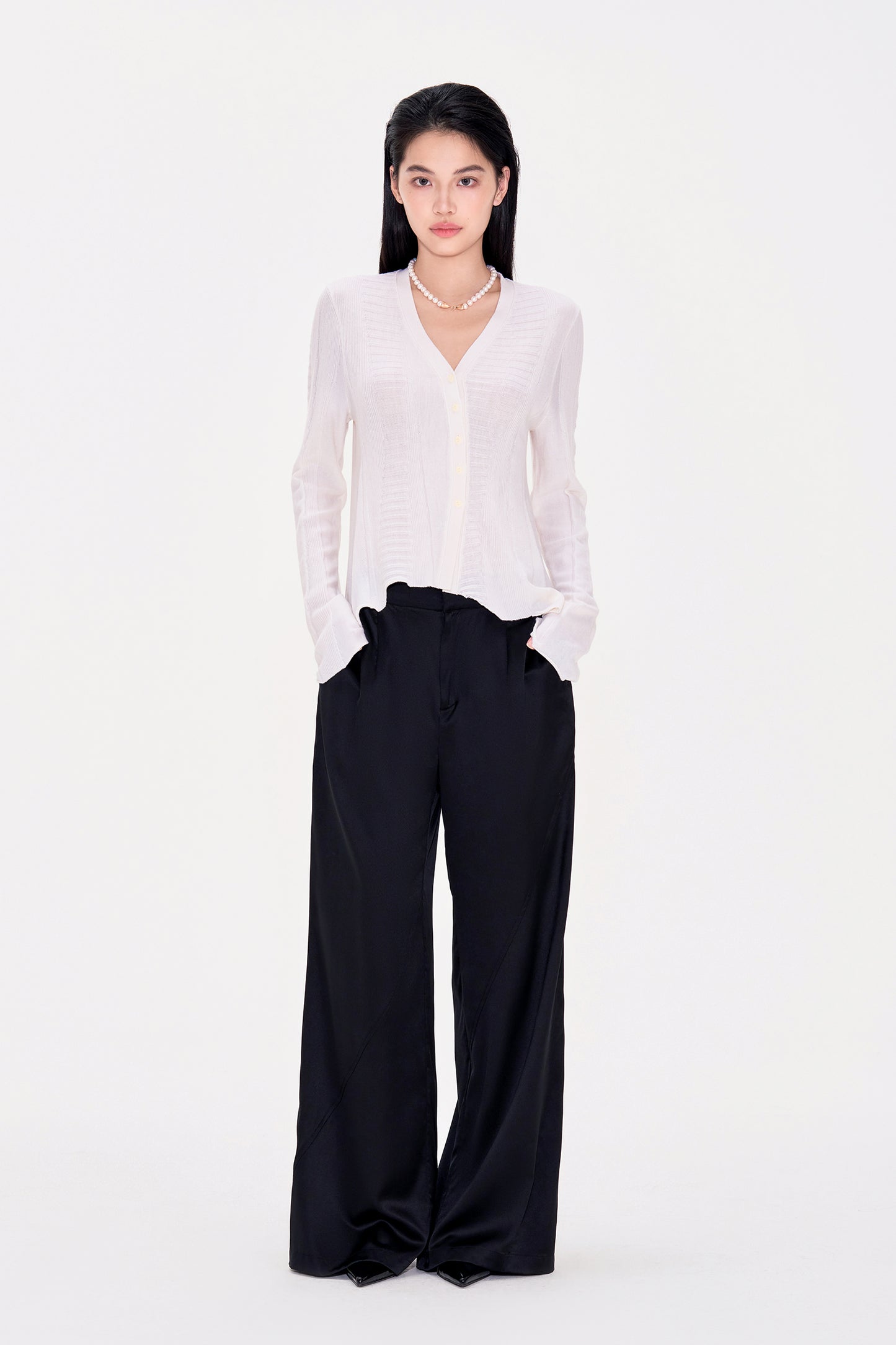 Irregularly Buttoned Wool Long sleeved Cardigan