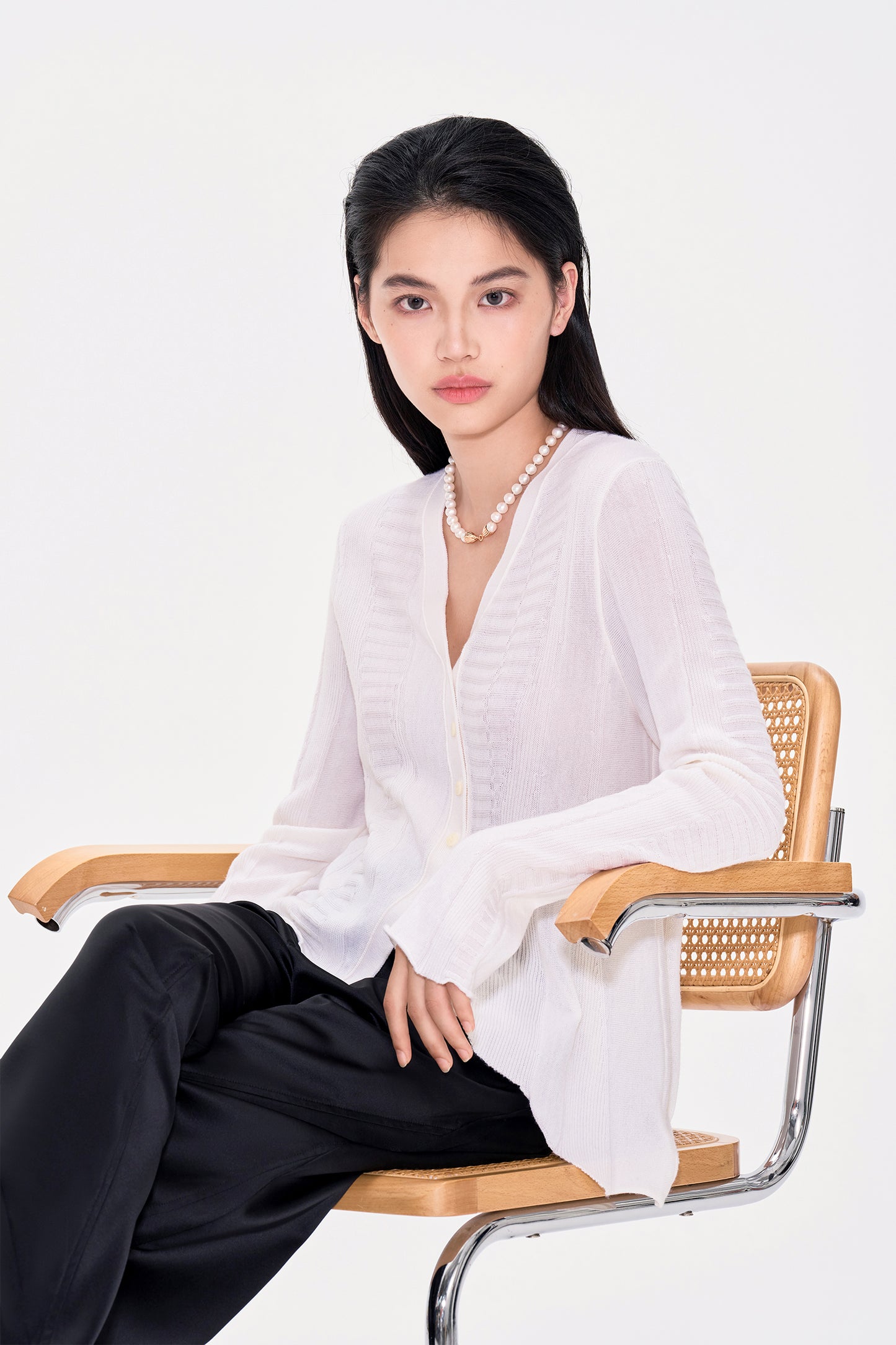 Irregularly Buttoned Wool Long sleeved Cardigan