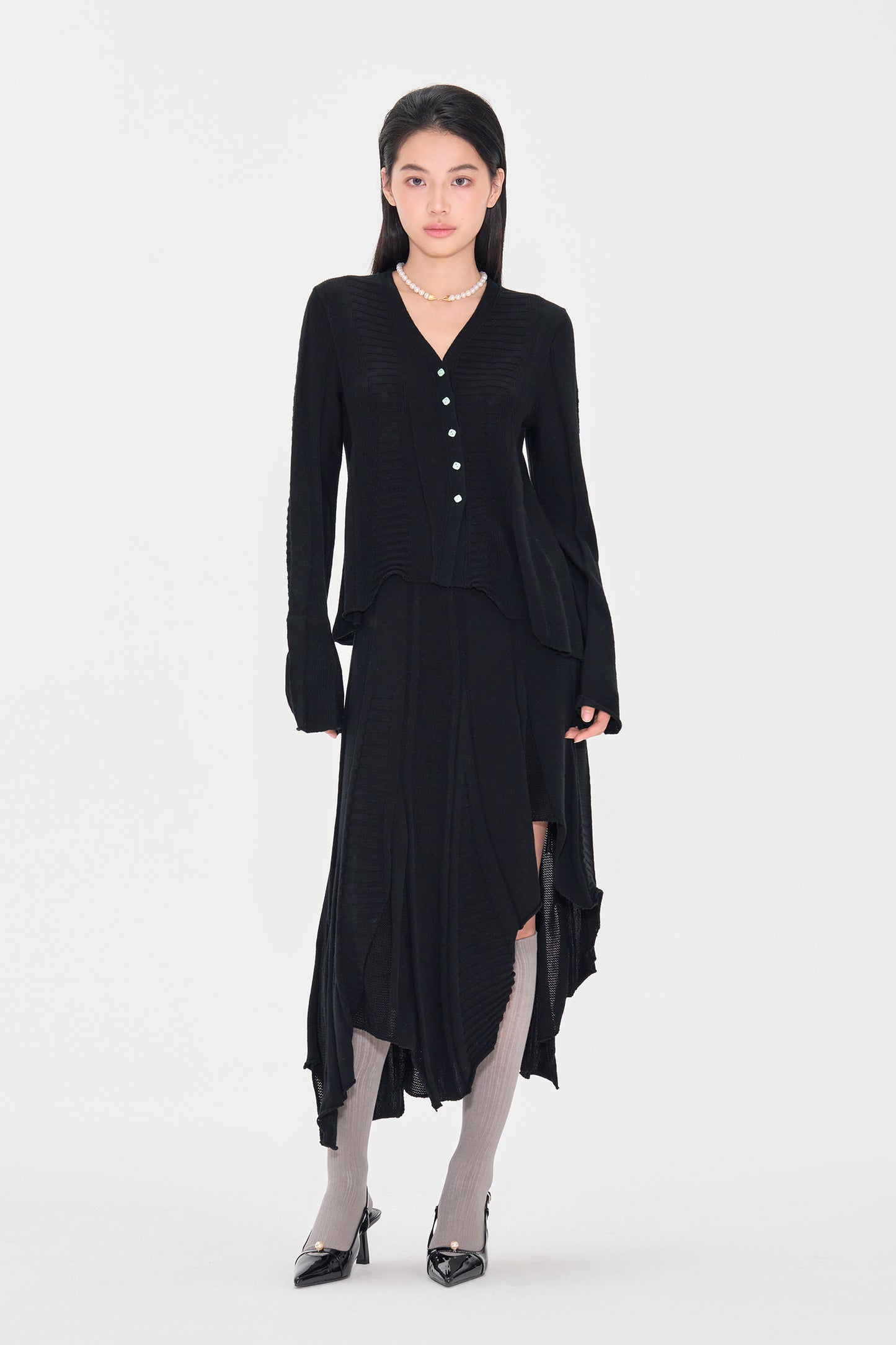 Irregularly Buttoned Wool Long sleeved Cardigan