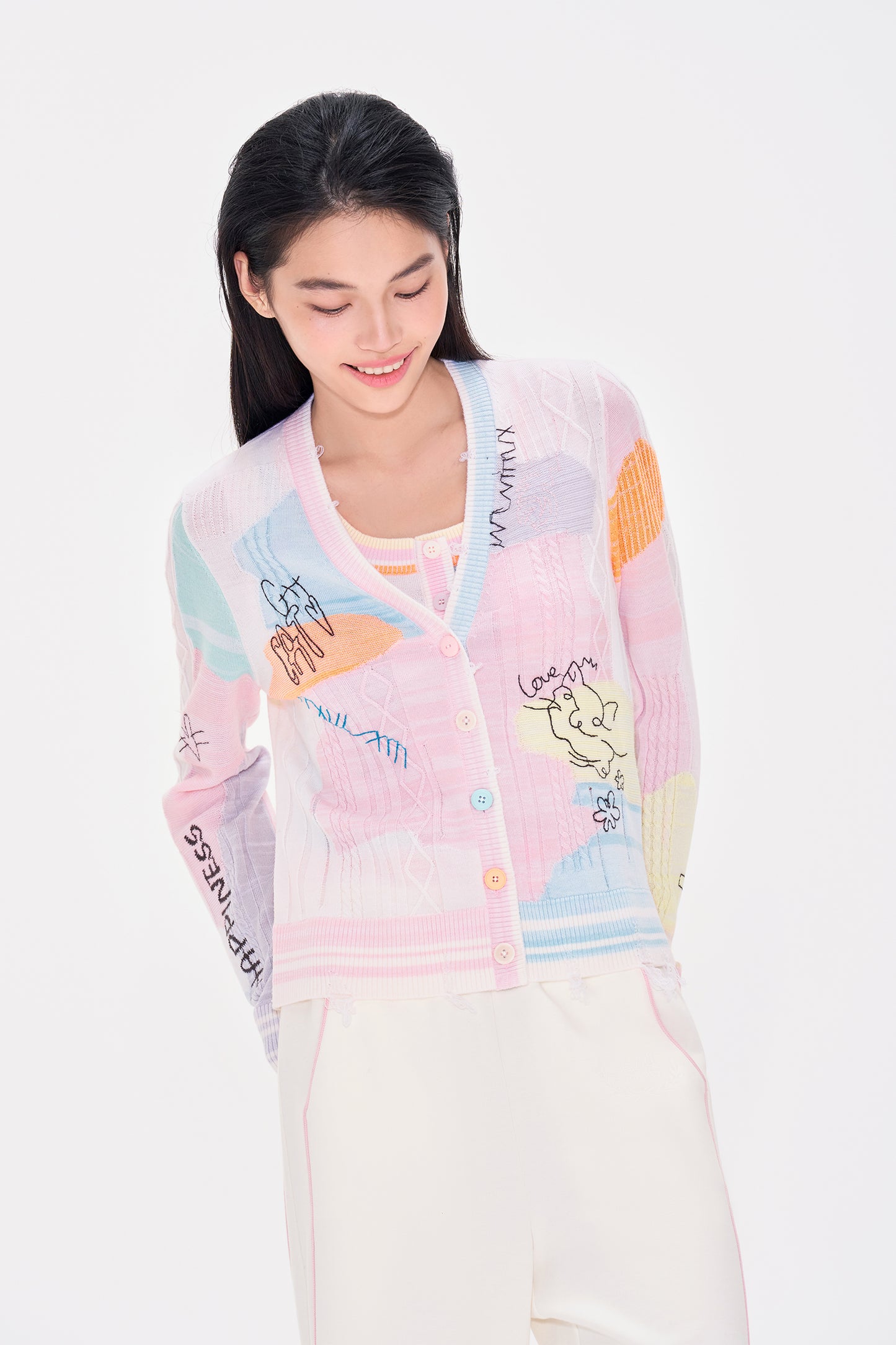 Colorful Wool Embroidered V neck Cardigan