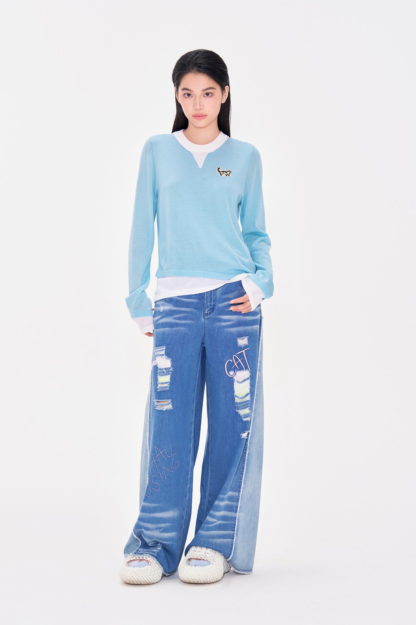 Cat logo Fake Two piece Wool Pullover