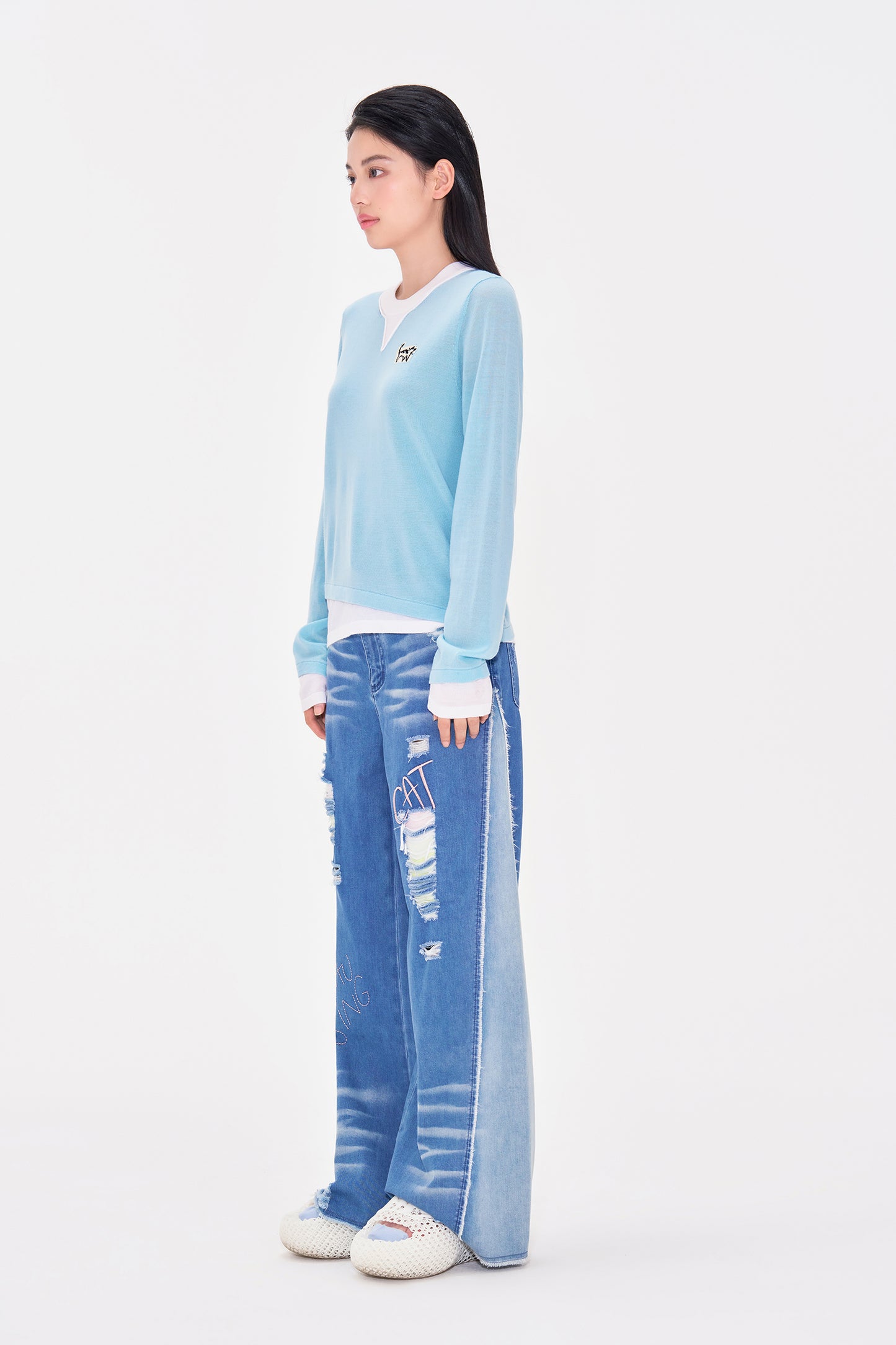 Cat logo Fake Two piece Wool Pullover