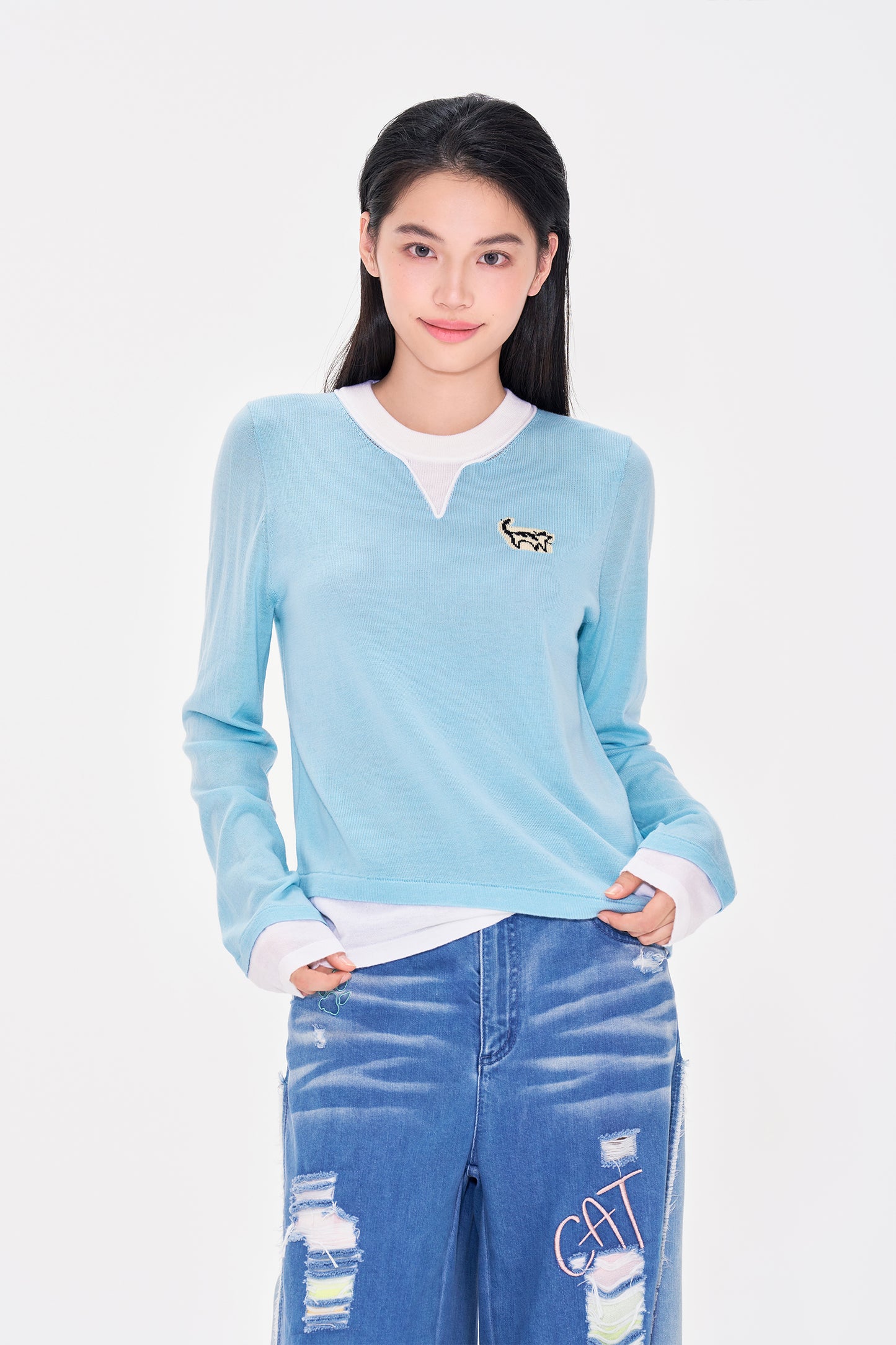 Cat logo Fake Two piece Wool Pullover
