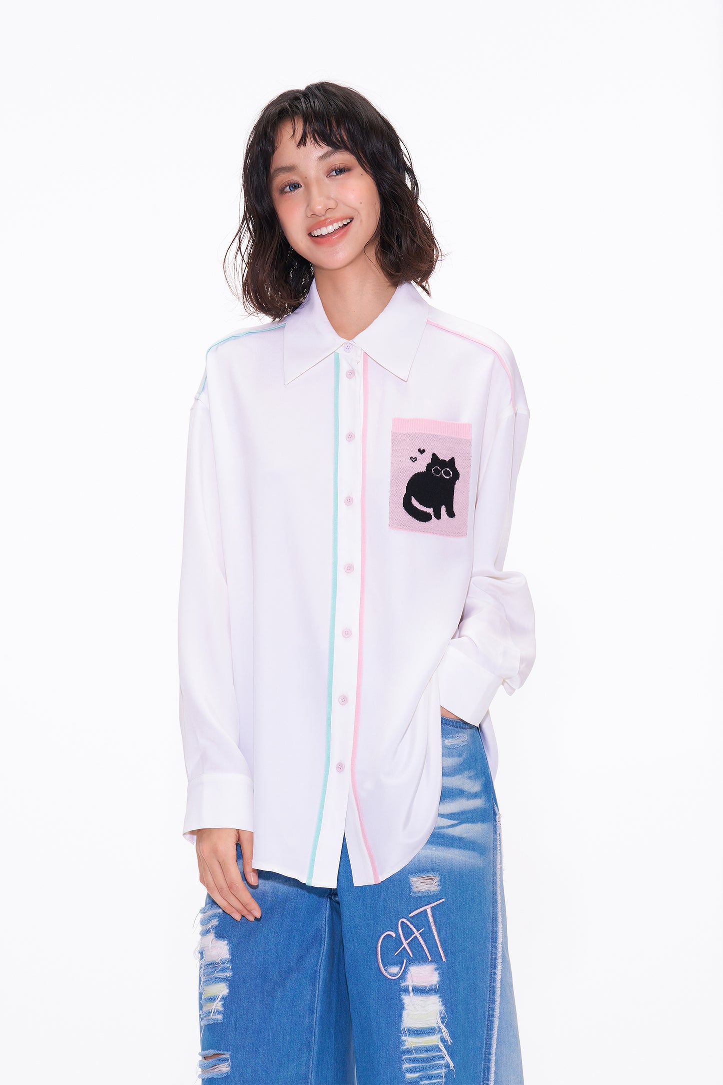 Wool Patch Pocket Color trimmed Silk Shirt