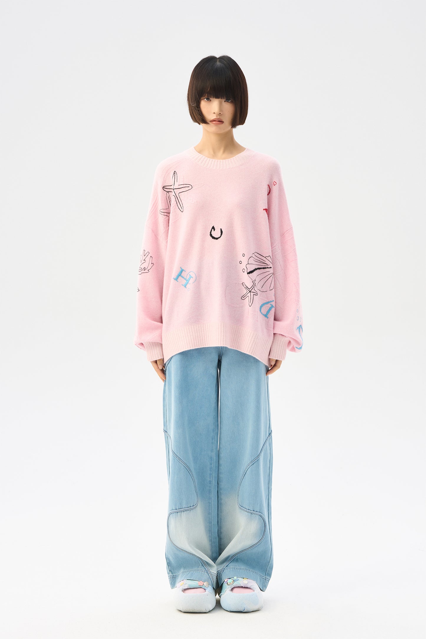 Marine organism embroidered cashmere pullover