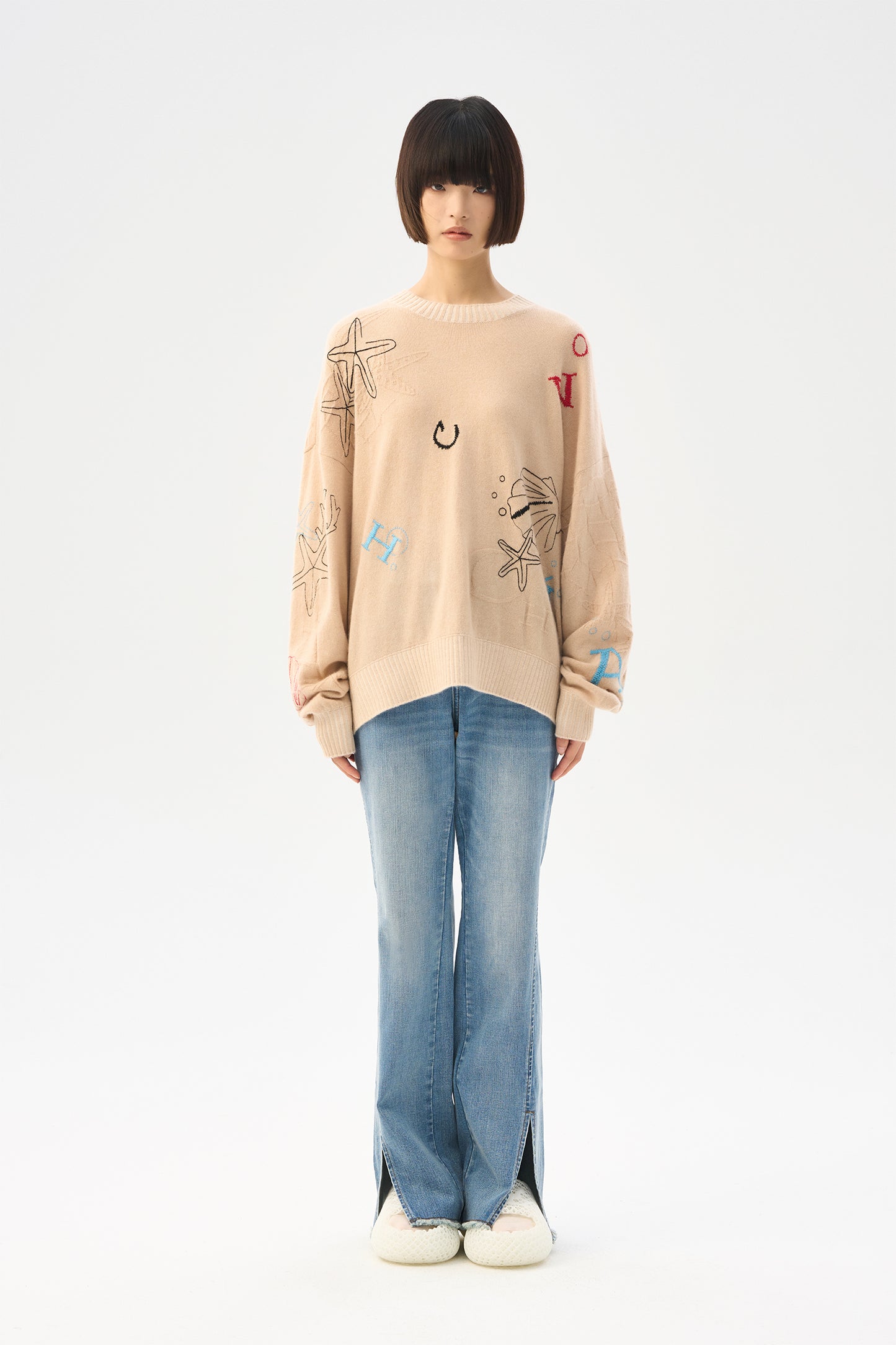 Marine organism embroidered cashmere pullover