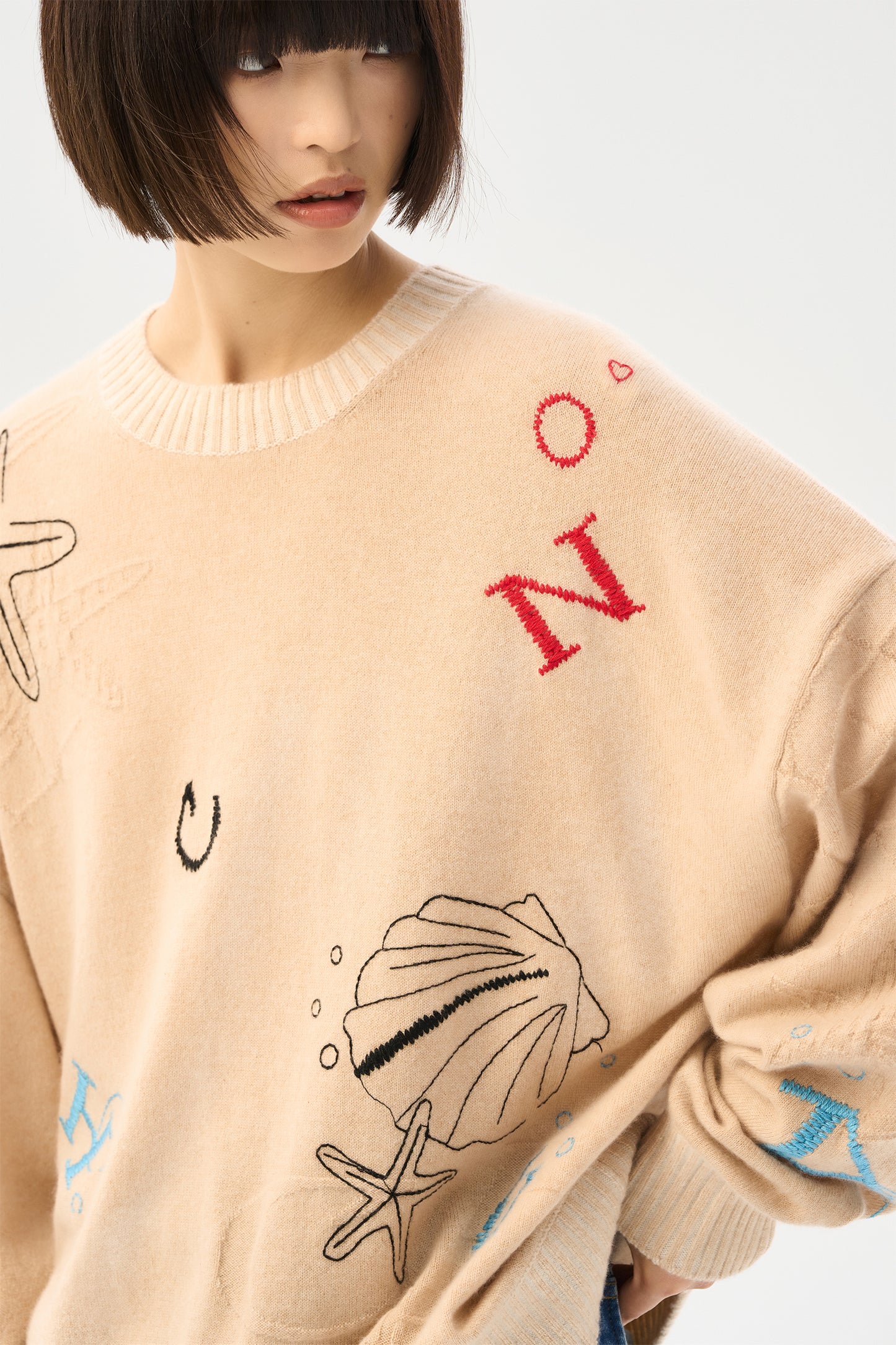 Marine organism embroidered cashmere pullover