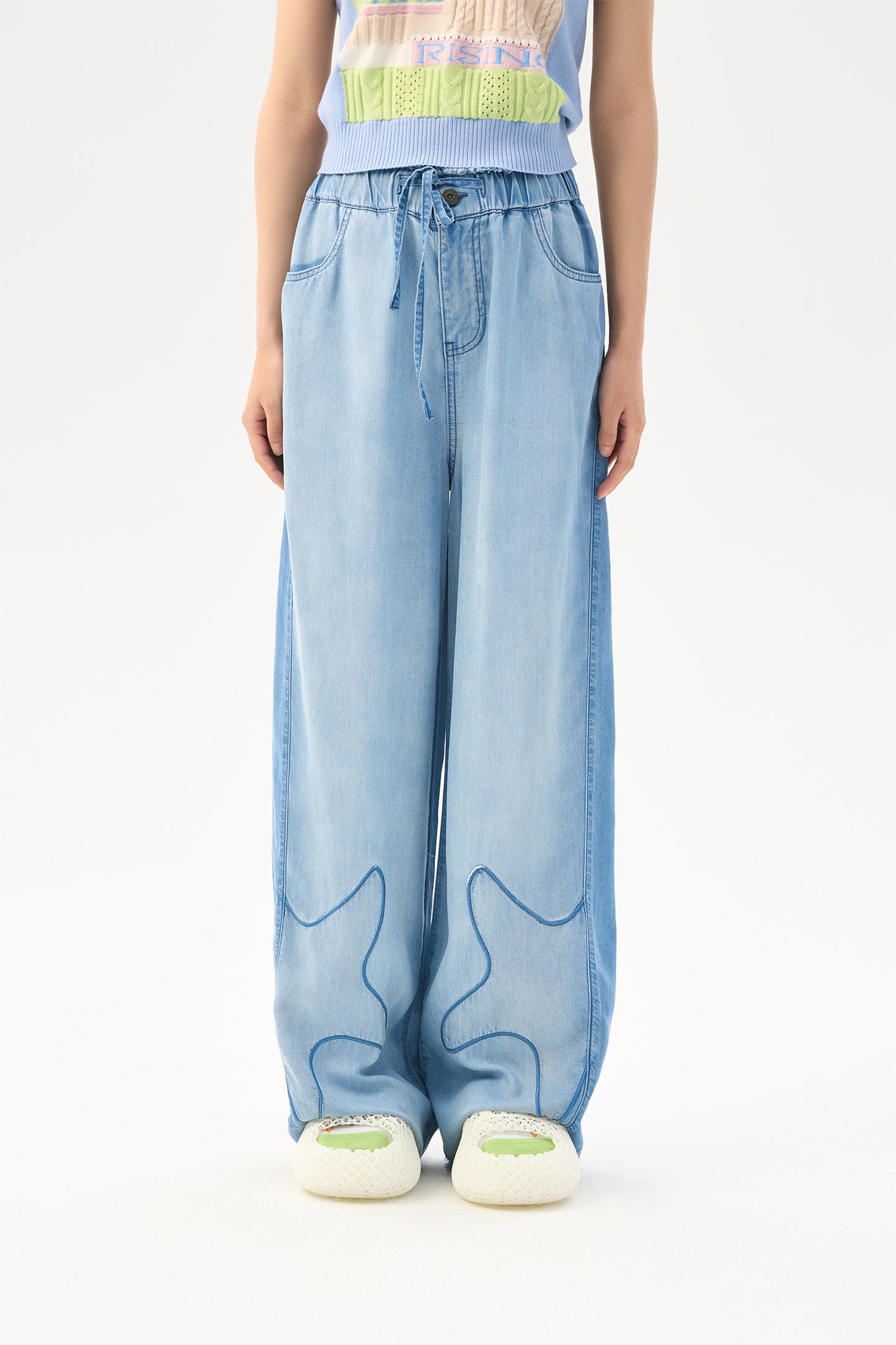 Starfish embroidered silk denim pants