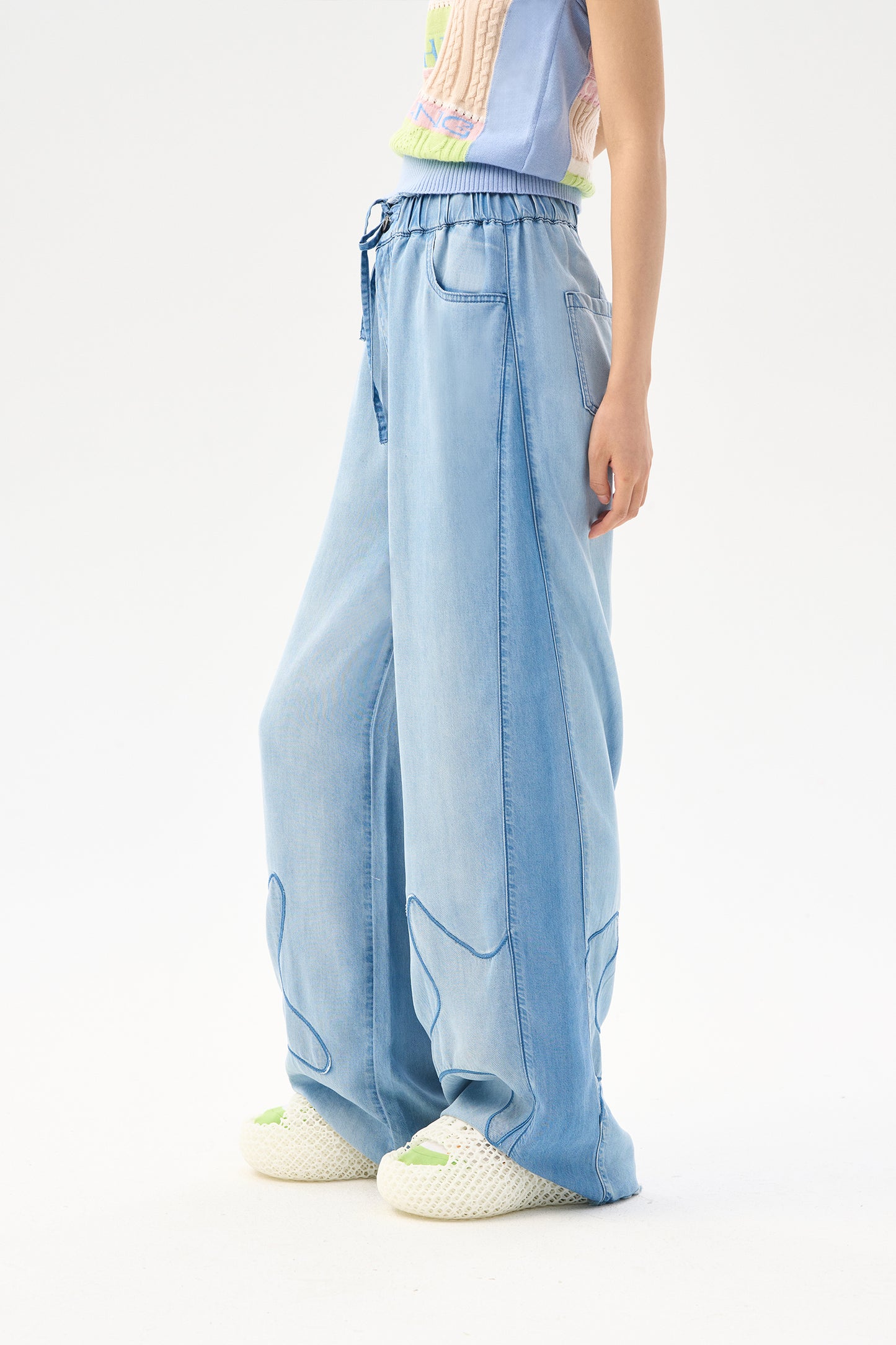 Starfish embroidered silk denim pants