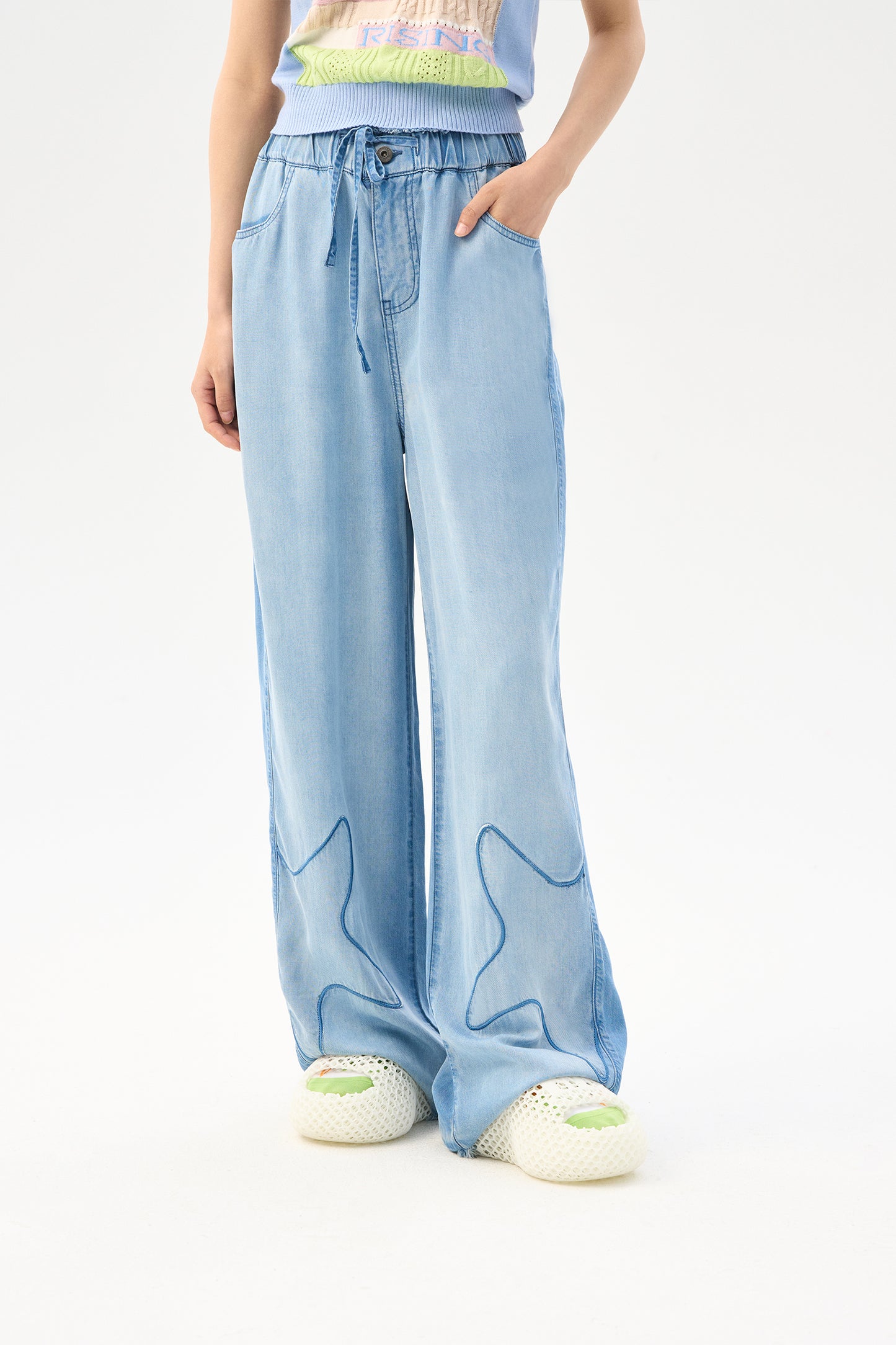 Starfish embroidered silk denim pants